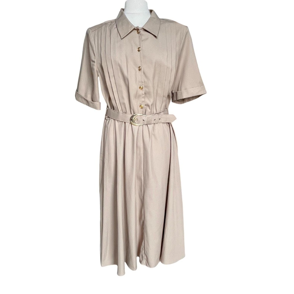 Khaki Tan Button Up Shirtdress Belted Dress Womens Size 16 Safari Vintage Preppy